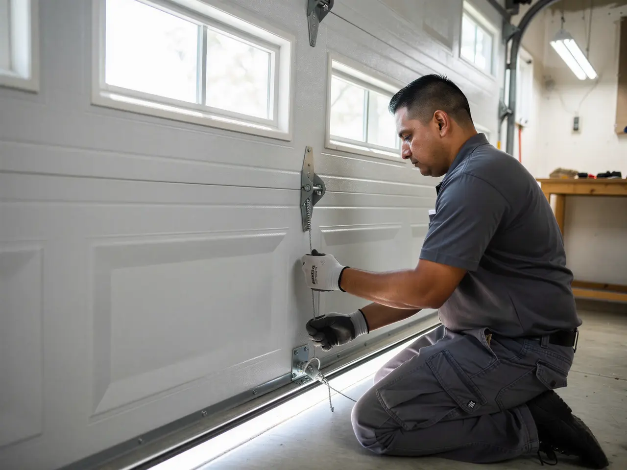 A technician kneels while working on the bottom of a white garage door.