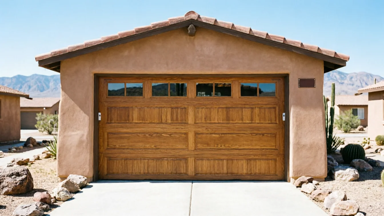 A brown wooden garage door with windows is on a stucco house.
