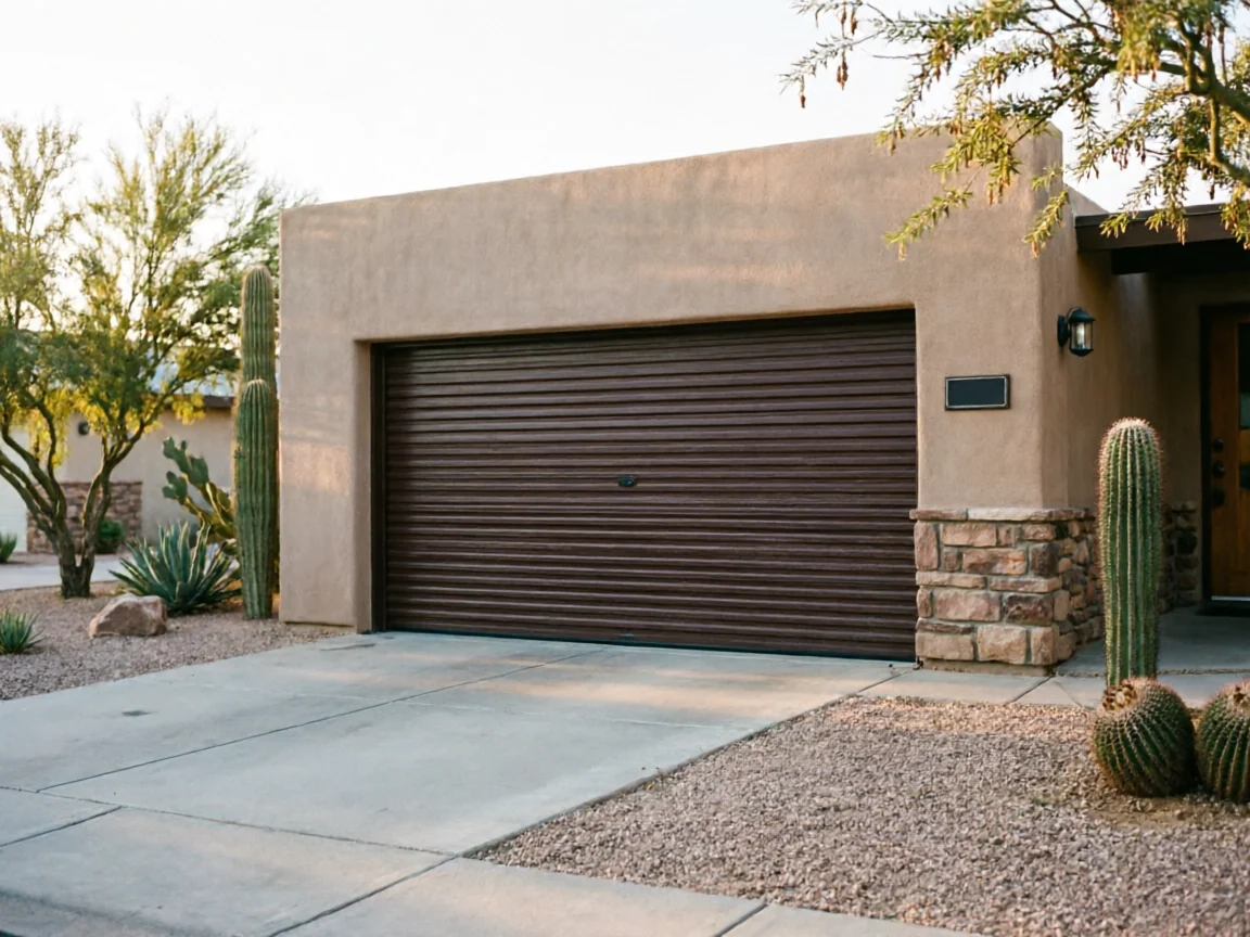 A brown roll-up garage door on a stucco house with desert landscaping.