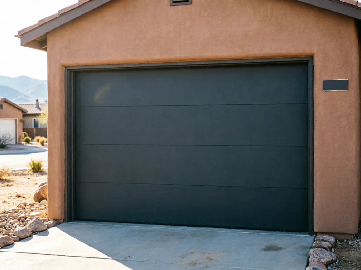 A dark gray garage door is installed on a tan stucco house.