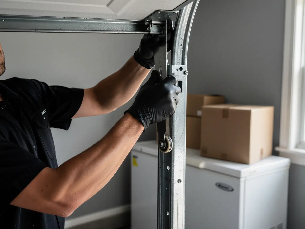 A technician in black gloves adjusts a garage door track and roller.